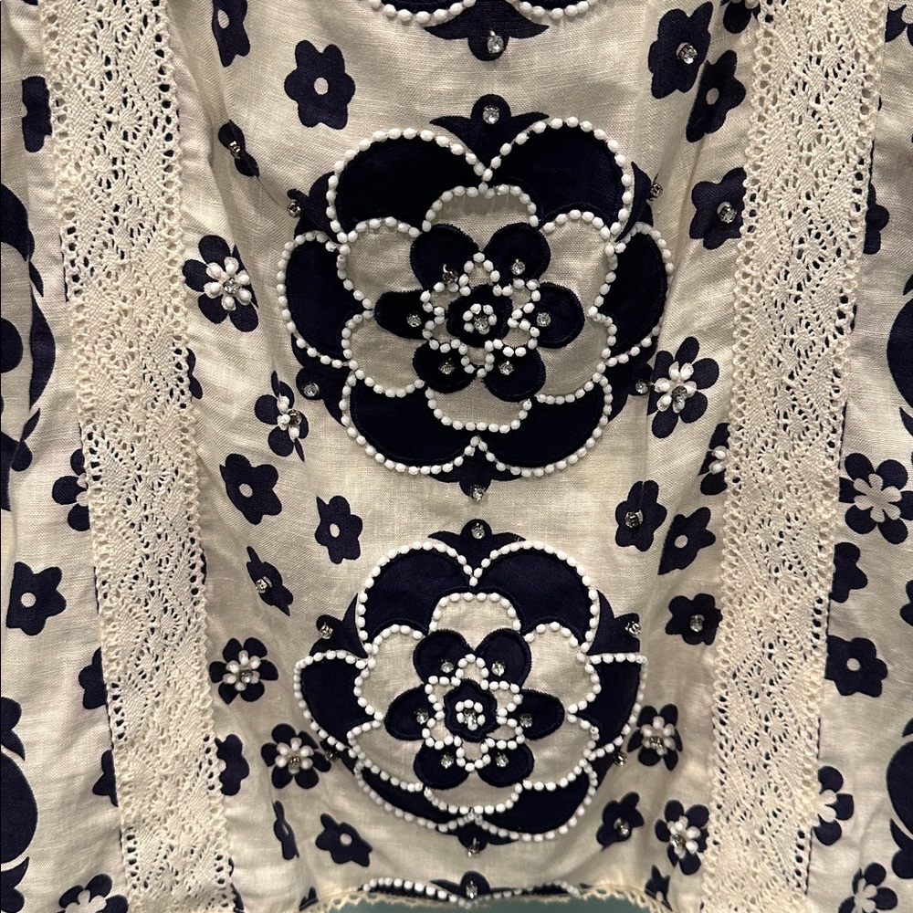 Tory Burch Cream and Navy beaded Floral Blouse - Picture 2 of 6